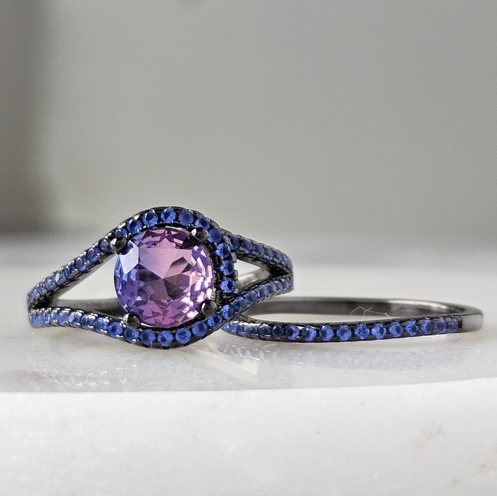 Pink & Purple round Tourmarine Gemstone ring, 925 Sterling Silver, Black Gold